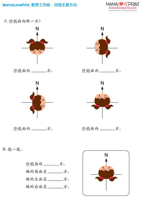 四個方向|MamaLovePrint . 小二數學工作紙 . 四個主要的方向